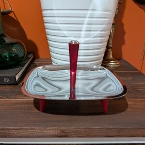 Mid Century Chrome Snack Tray | Bakelite Handle & Feet | Square Stainless Steel